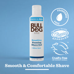 A can of Sensitive Foaming Shave Gel is displayed on a blue background, with icons showing it is fragrance-free, vegan, and cruelty-free. Made with baobab oil for sensitive skin. Text: Smooth & Comfortable Shave.