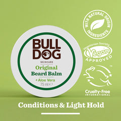 A round container of Original Beard Balm, 75ml, appears on a green background. With moisturising, natural origin ingredients, its vegan and cruelty-free. Text reads: Conditions & Light Hold.