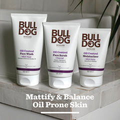 The Oil Control Skincare Bundle is displayed on a bathroom counter. Text below reads: “Mattify & Balance Oily Skin.”.