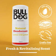 A white tube of Lemon & Bergamot Natural Deodorant (75ml) stands on a yellow background with vegan, cruelty-free, and natural fragrance logos, featuring Fresh & Revitalising Scent and 24-hour odour protection text.