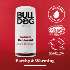A white stick of Vetiver & Black Pepper Natural Deodorant is shown against a red background, featuring icons for 24-hour odour protection, 100% natural fragrance, vegan approval, and cruelty-free. Text reads: Earthy & Warming.