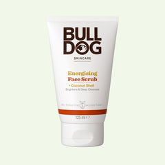 A 125ml white tube of Energising Face Scrub for men, featuring natural exfoliants like coconut shell to brighten and deeply cleanse skin, stands upright on a light background.