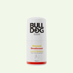 The Lemon & Bergamot Natural Deodorant is a 75ml white stick offering 24-hour odour protection. The label features bold black and yellow text, with the product standing upright against a light background.