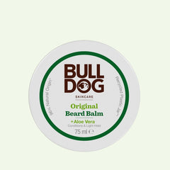 A white round container of Original Beard Balm, 75ml, with green and brown text. Made with recycled plastic and natural origin ingredients, this moisturising balm contains aloe vera.