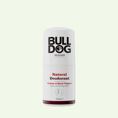 A 75ml white roll-on container labeled Vetiver & Black Pepper Natural Deodorant, offering 24-hour odour protection and an earthy, warming scent, shown on a plain light background.