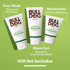 Three tubes of the Original Skincare Trio stand upright on a green background with highlighted benefits and “Gift Set Includes” below. Ideal Bulldog gift set for men who want quality grooming essentials.
