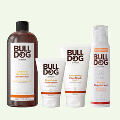 The Energising Spray Deodorant Bundle features four Bulldog Skincare products with sleek white packaging and brown and orange text, displayed against a plain light background.