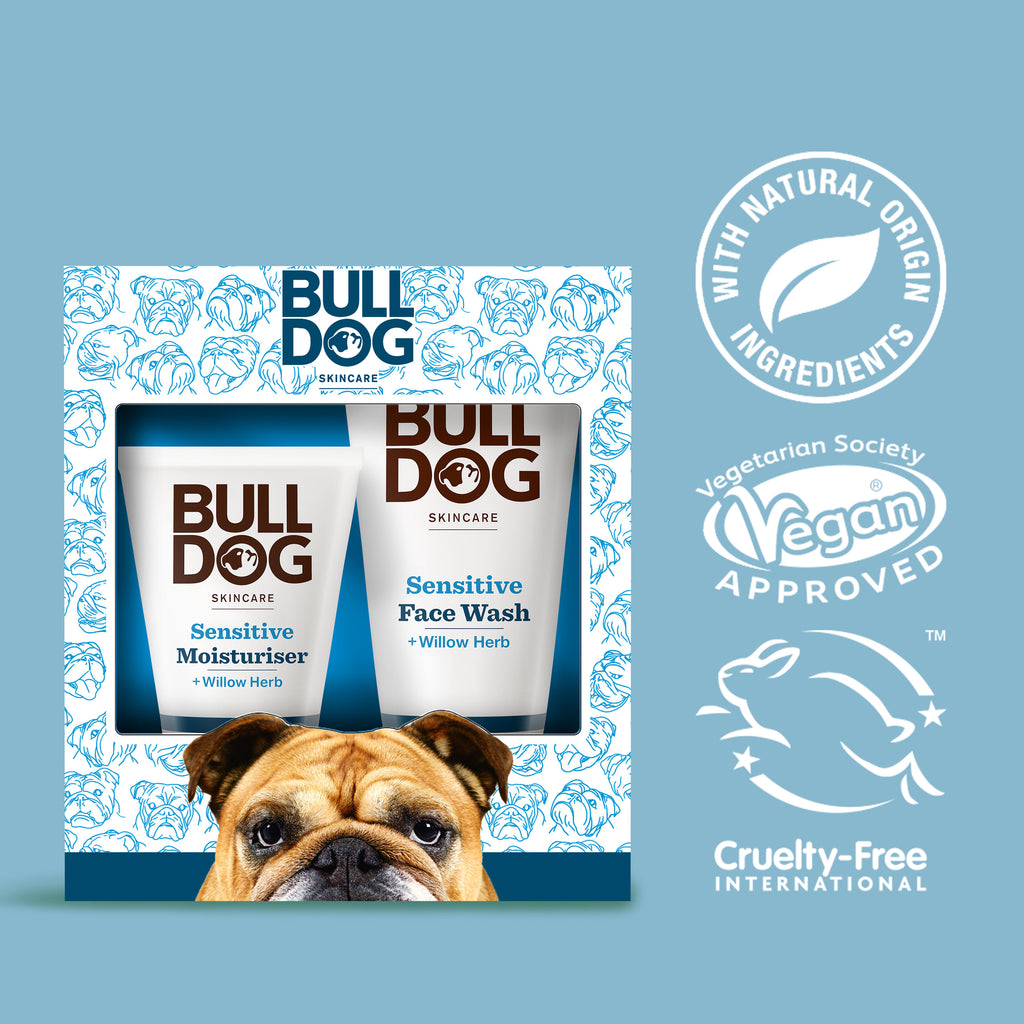 The Sensitive Duo Set includes Sensitive Moisturiser and Face Wash with willow herb in a bulldog-illustrated box. With vegan, cruelty-free, and natural origin logos, it's the ideal gift for men with sensitive skin.