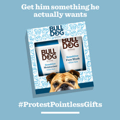 A gift box of Bulldog Skincare's Sensitive Duo Set is shown with a bulldog illustration, “Get him something he actually wants” above, and “#ProtestPointlessGifts” below, all on a blue background.