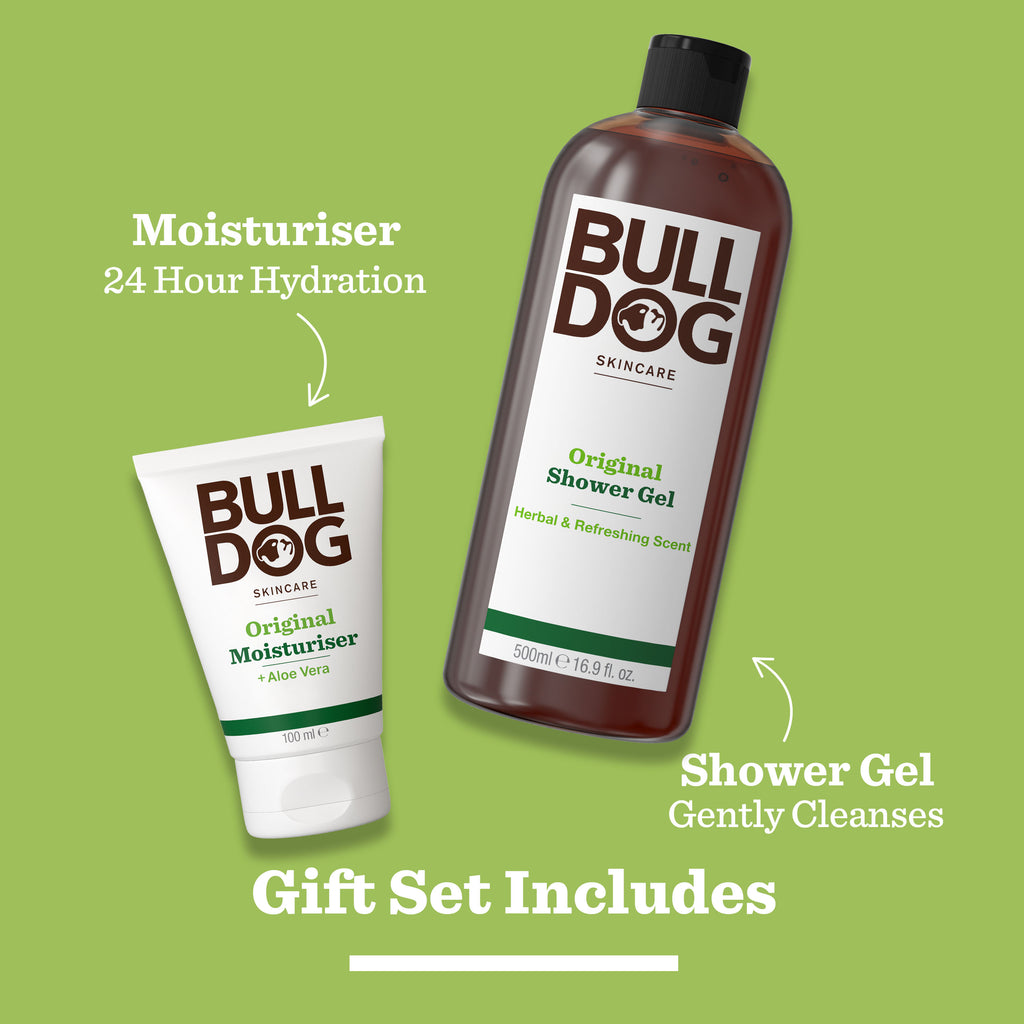 The Moisturiser & Shower Gel Duo gift set features the Original Moisturiser and Shower Gel, displayed on a green background with product benefits—an ideal gift choice for men.