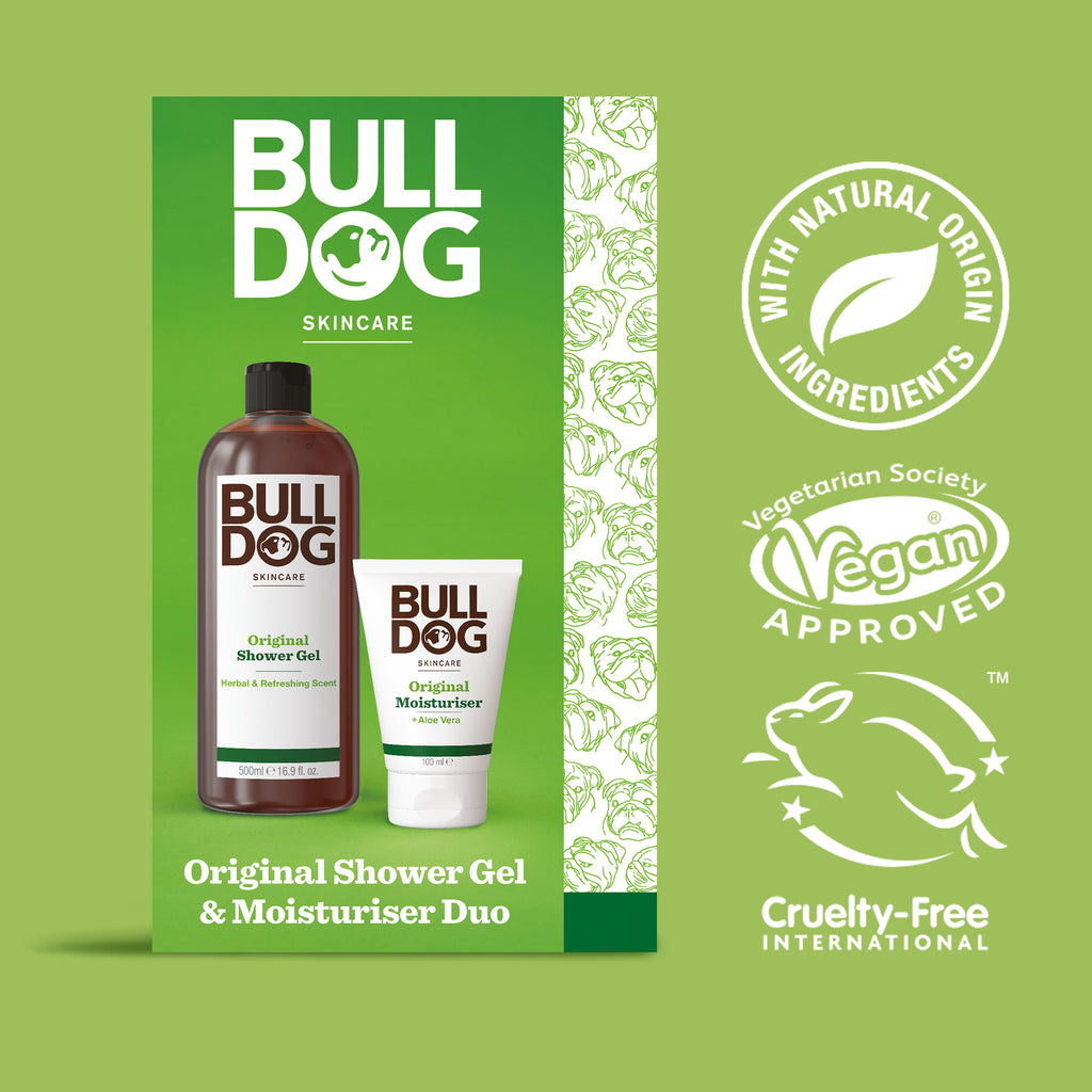 Moisturiser & Shower Gel Duo on a green background, featuring icons for natural ingredients, Vegan Society approval, and cruelty-free certification—ideal gifts for men who care about ethical skincare.