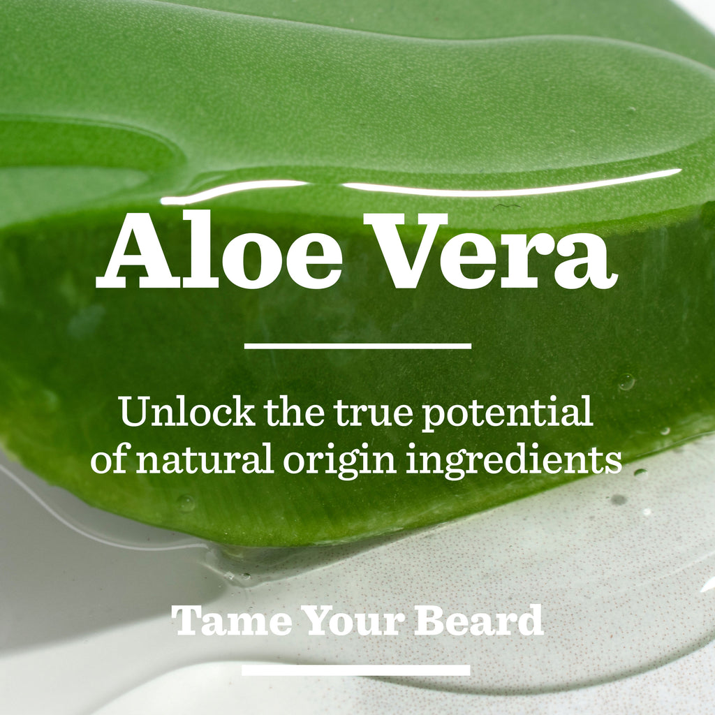 Close-up of a fresh aloe vera leaf with clear gel, overlaid with the text: Aloe Vera. Unlock the true potential of natural ingredients. Tame your beard with the Original Ultimate Beard Care Kit from Bulldog Skincare.