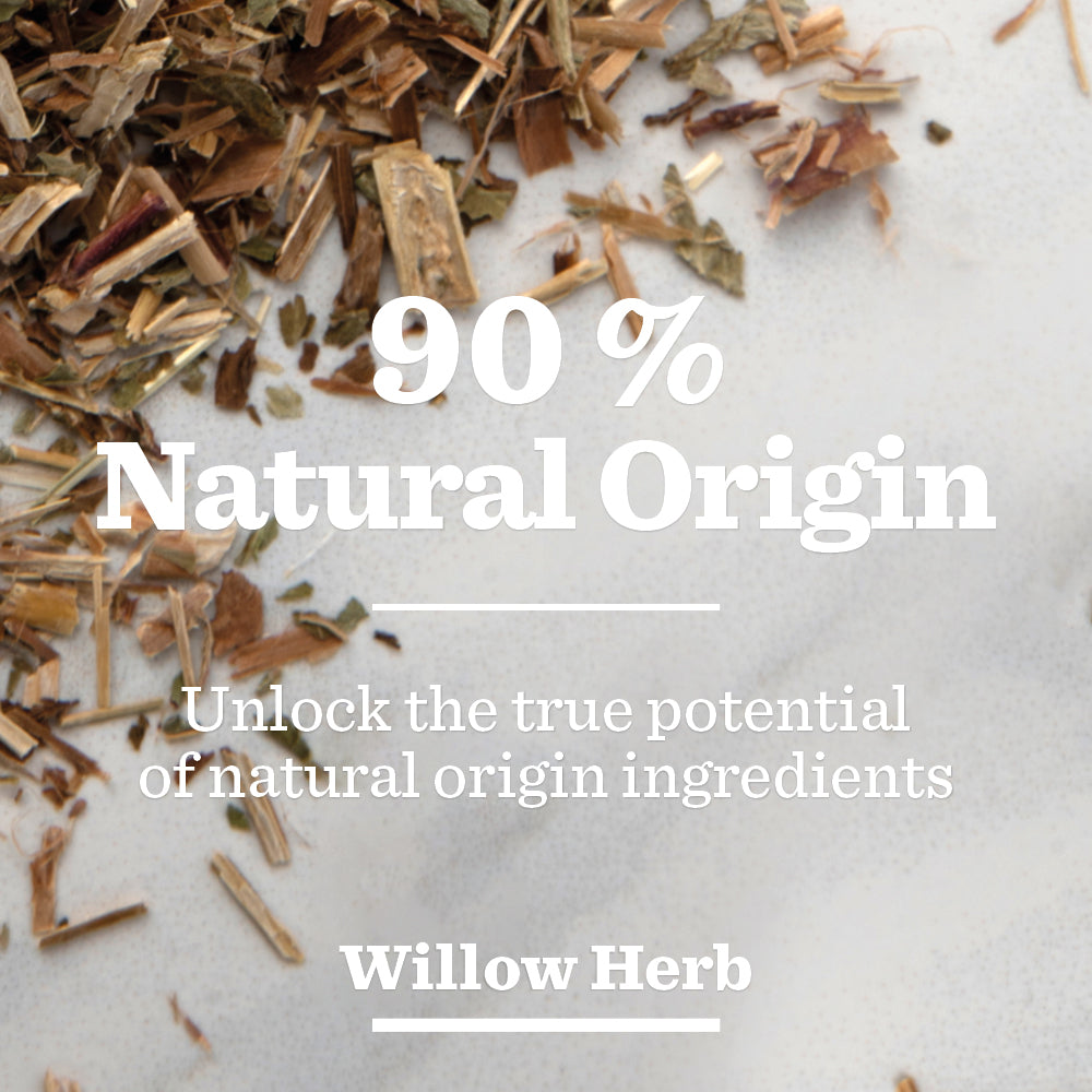 Loose dried herbs on a light surface with text: “90% Natural Origin. Unlock the true potential of natural origin ingredients like baobab oil in our Sensitive Foaming Shave Gel. Willow Herb.”.