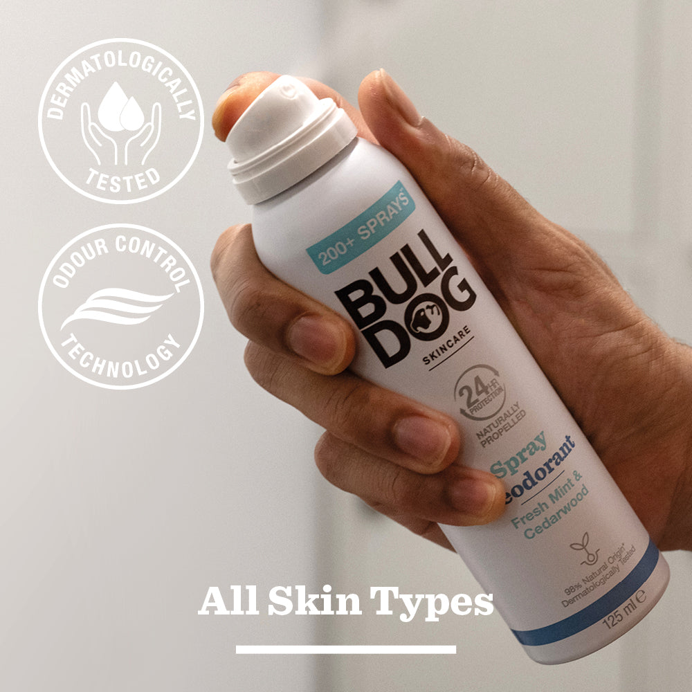 A hand holds a can of Fresh Mint & Cedarwood Spray Deodorant. Circular icons highlight “Dermatologically Tested” and “Odour Control Technology,” with text below stating, “All Skin Types.”.
