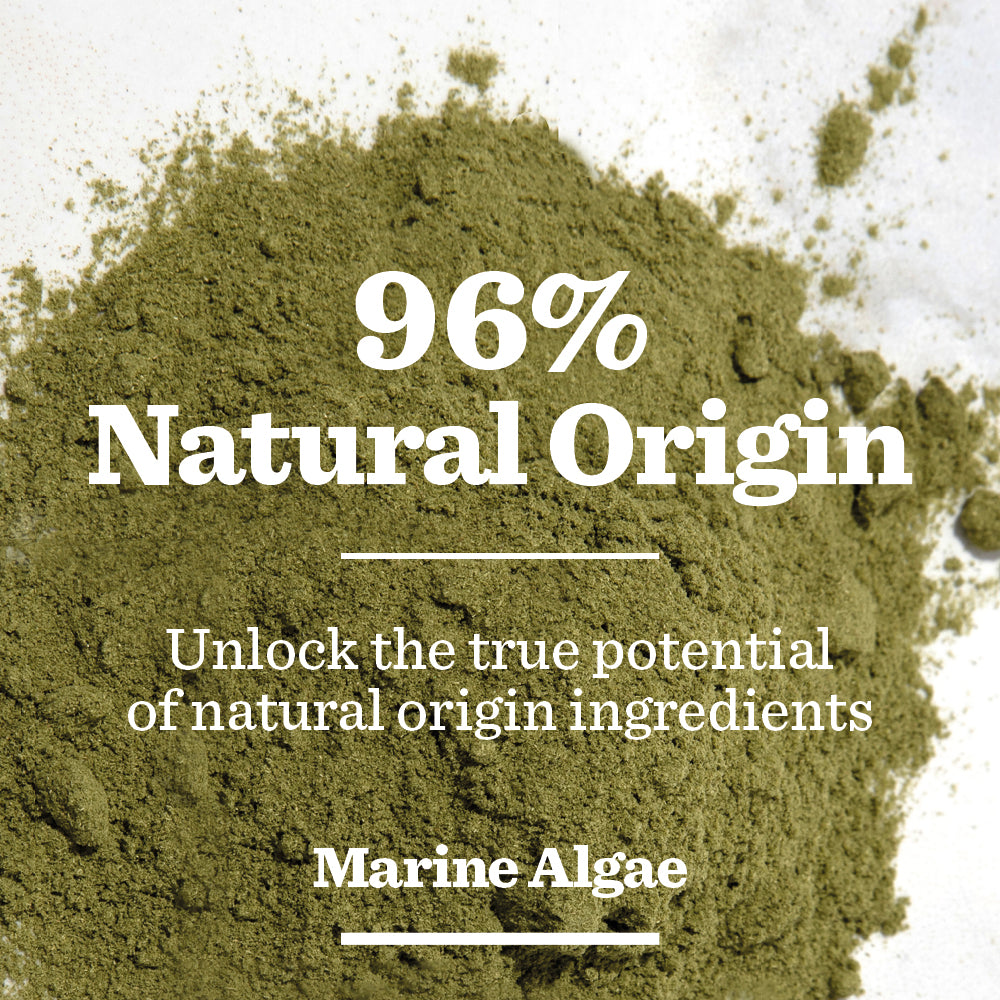 A pile of green powder with text overlay: 96% Natural Origin. Unlock the anti-ageing benefits of Marine Algae with Age Defence Moisturiser, expertly crafted from 96% natural origin ingredients.