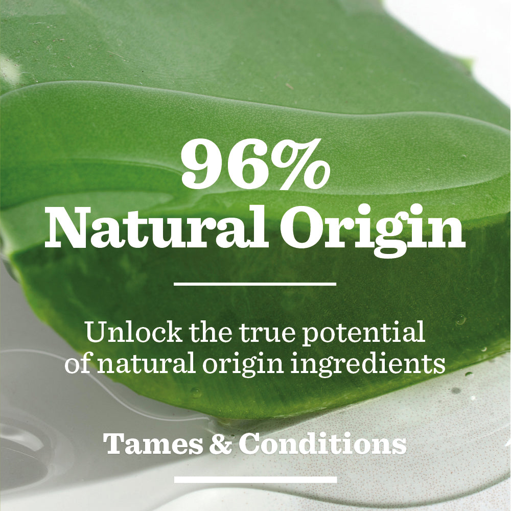 A close-up of a green leaf, with text overlay: 96% Natural Origin. Original Beard Oil unleashes the power of natural ingredients. Moisturising formula tames and conditions your beard.