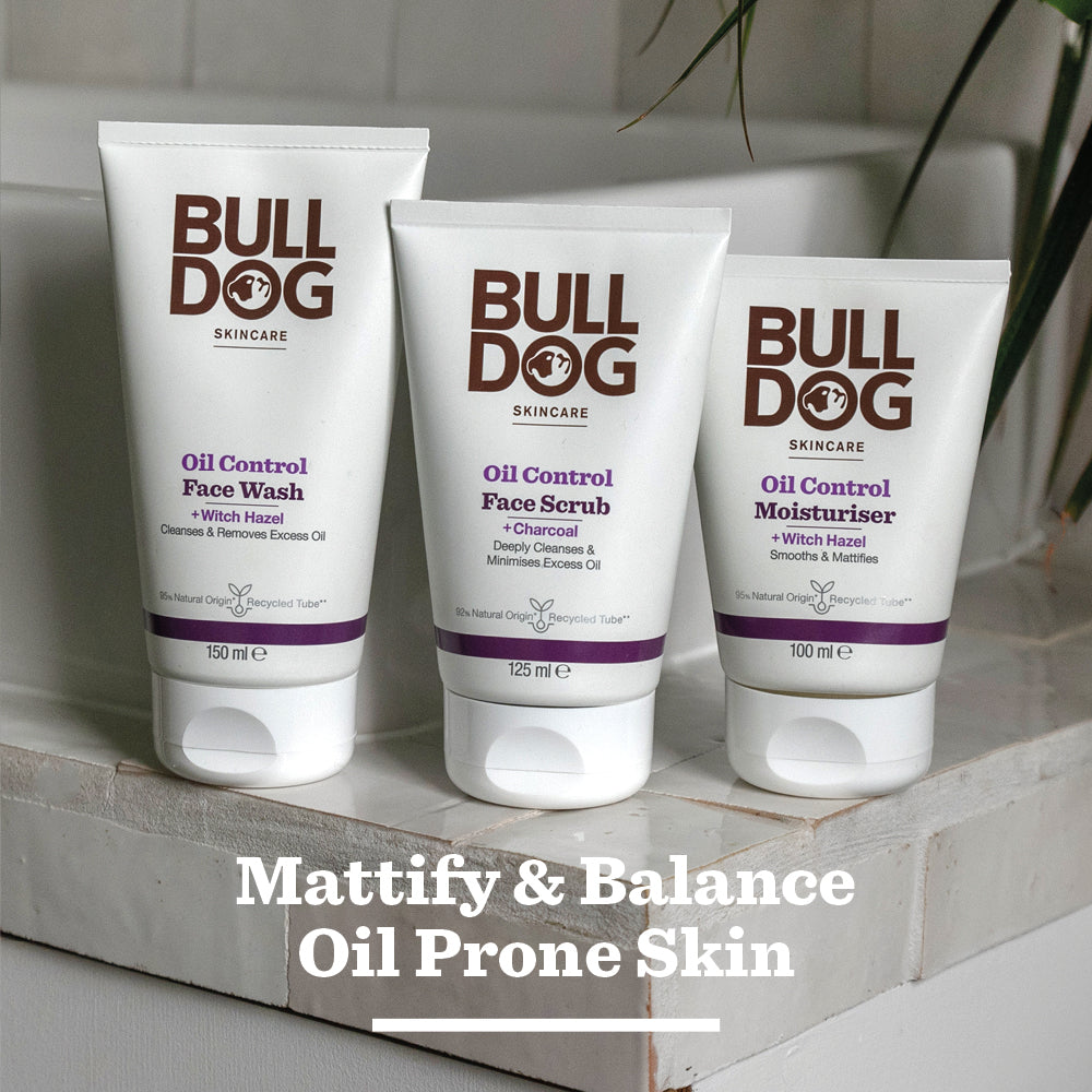 The Oil Control Skincare Bundle is displayed on a bathroom counter. Text below reads: “Mattify & Balance Oily Skin.”.