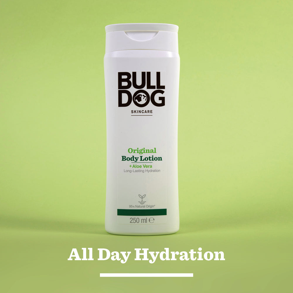 A bottle of Original Body Lotion with Aloe Vera, made from natural ingredients, is shown against a green background. Below, text reads All Day Hydration.