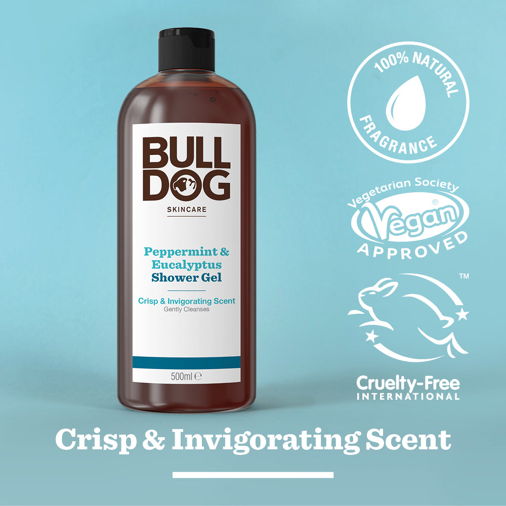 A bottle of Peppermint & Eucalyptus Shower Gel on a light blue background, surrounded by vegan, cruelty-free, and 100% natural fragrance icons. Text: Crisp & Invigorating Cleanse.