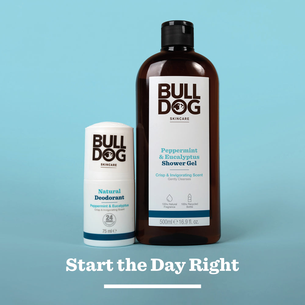The Peppermint & Eucalyptus Shower Gel and natural deodorant are displayed side by side on a blue background with Start the Day Right below them, offering an invigorating cleanse and fresh, natural fragrance.