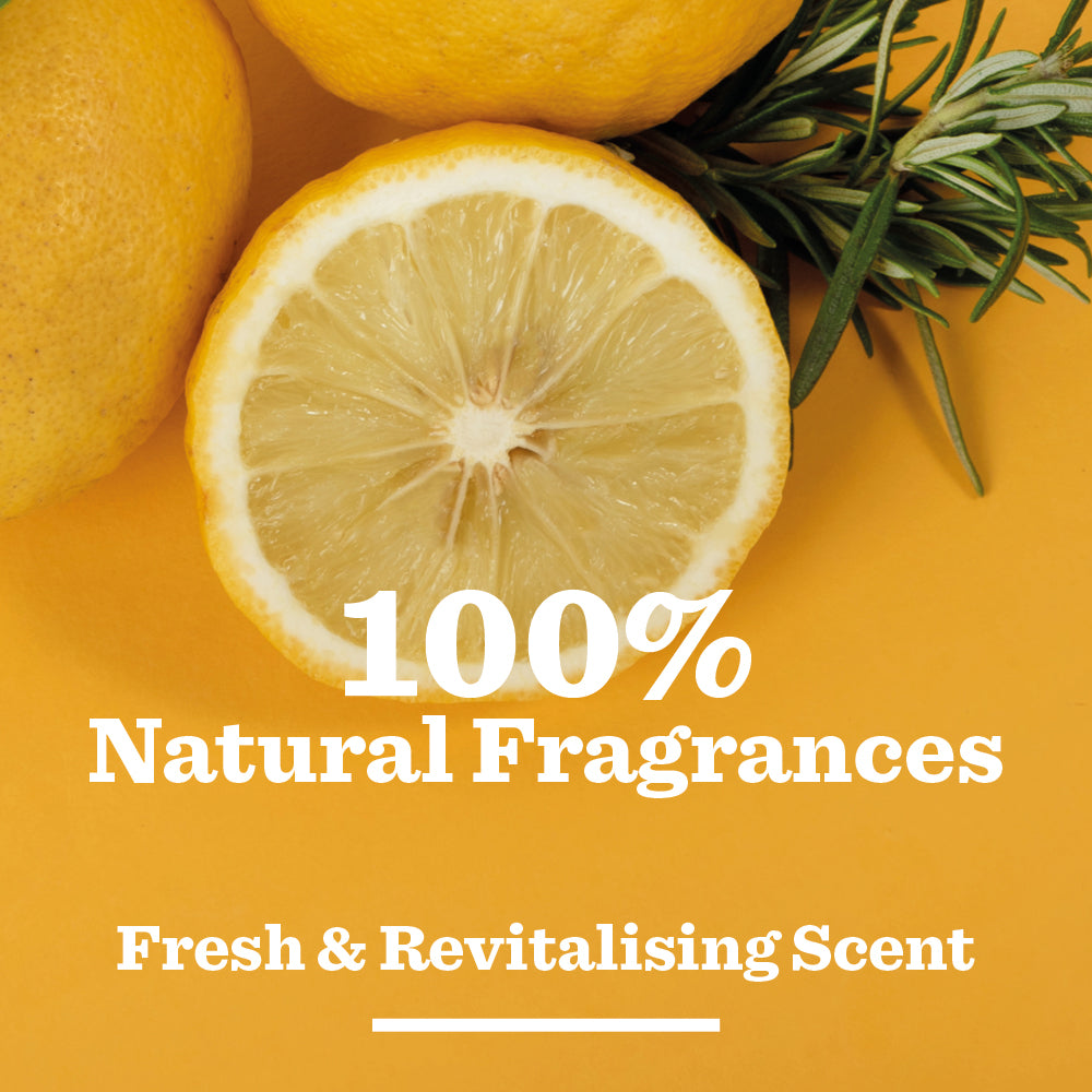 A halved lemon, whole lemons, and rosemary on yellow with text: Lemon & Bergamot Natural Deodorant. 100% Natural Fragrances. Fresh & Revitalising Scent—your go-to for 24-hour odour protection.