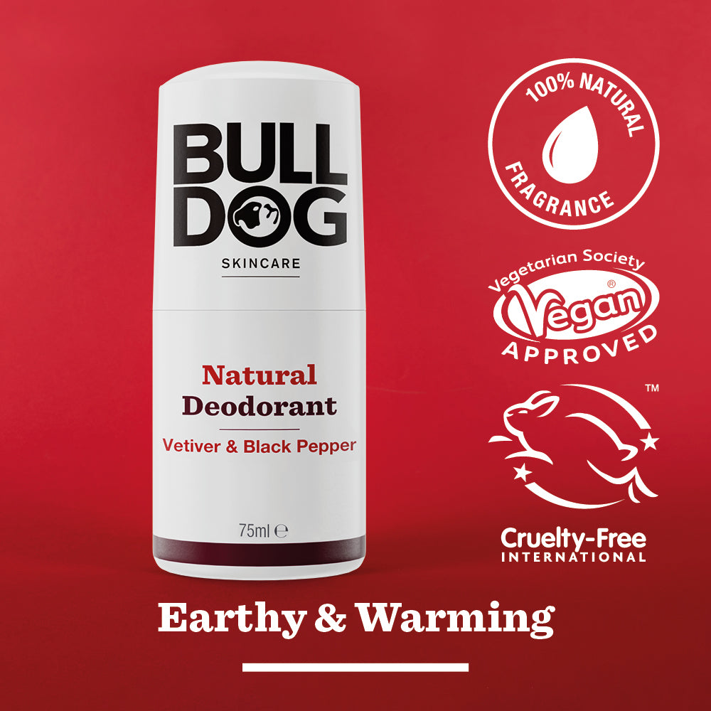 A white stick of Vetiver & Black Pepper Natural Deodorant is shown against a red background, featuring icons for 24-hour odour protection, 100% natural fragrance, vegan approval, and cruelty-free. Text reads: Earthy & Warming.