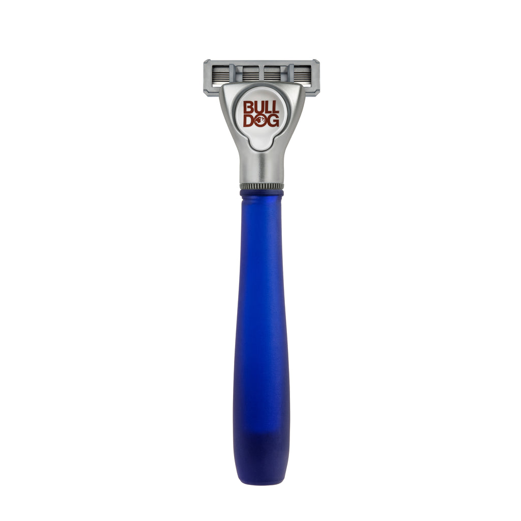 The Sensitive Glass Razor, designed for sensitive skin with a blue handle, silver blade head, and the BULL DOG logo above the blades, is shown against a white background.