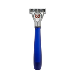 The Sensitive Glass Razor, designed for sensitive skin with a blue handle, silver blade head, and the BULL DOG logo above the blades, is shown against a white background.