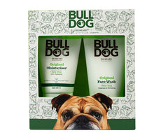The Original Skincare Duo gift set includes tubes of Original Moisturiser and Face Wash with aloe vera, in green and white packaging featuring bulldog illustrations and a bulldog photo at the bottom.