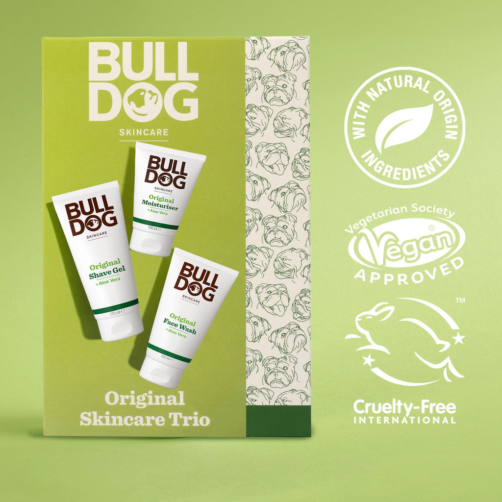 A green “Original Skincare Trio” box features Shave Gel and Original Moisturiser, with logos for natural origin ingredients, Vegan approval, and Cruelty-Free International certification—ideal gifts for men.