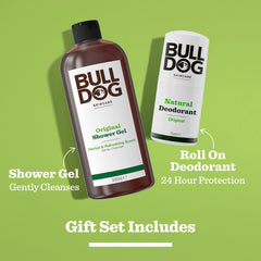 The Original Body Care Duo by Bulldog Skincare is shown on a green background: a 500ml shower gel and 75ml roll-on Natural Deodorant. Gentle cleansing, 24-hour protection, and ideal gifts for men. “Gift Set Includes” appears below.