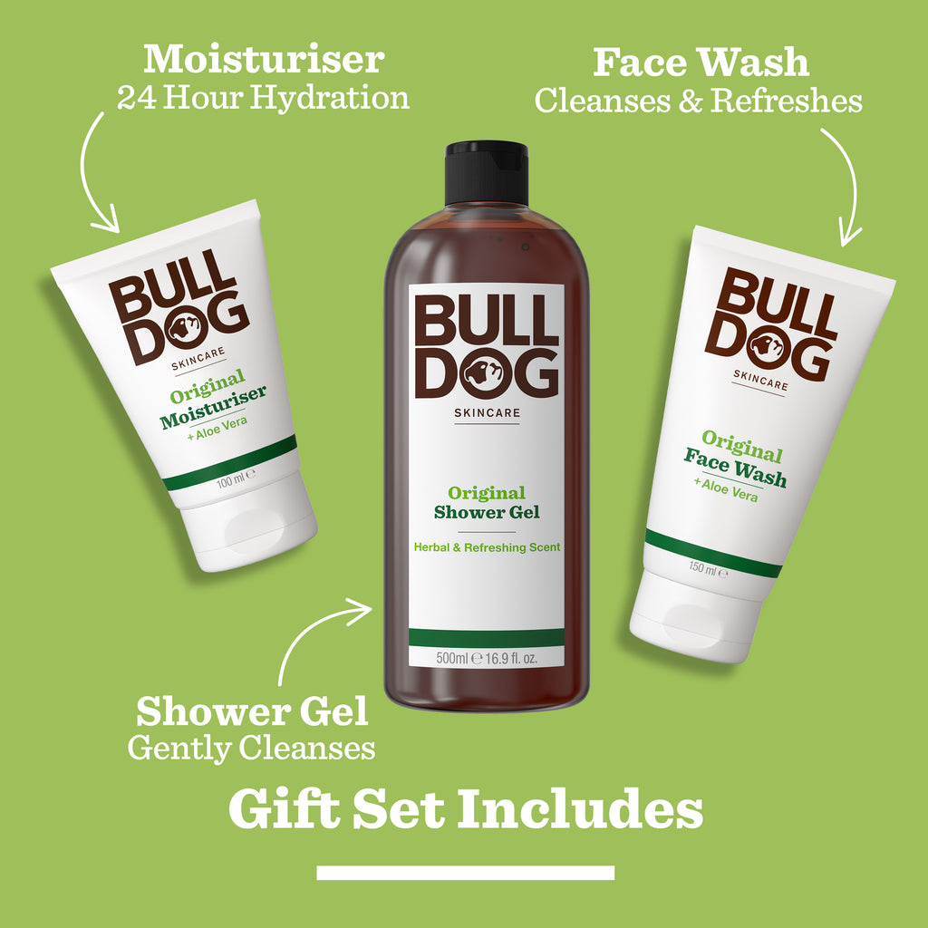 The Original Grooming Kit includes Moisturiser, Face Wash, and Shower Gel with Aloe Vera. Offering hydration, gentle cleansing, and refreshment for men, it comes in a striking bold green package—ideal for daily grooming.