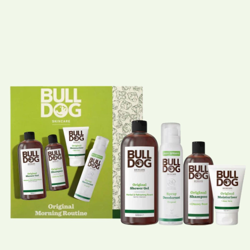 The Original Morning Routine set by Bulldog Skincare includes shower gel, spray deodorant, shampoo, and moisturizer in a green box—making it the perfect gift for men who value quality grooming.