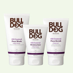 The Oil Control Skincare Bundle for oily skin includes Face Wash, Moisturiser, and Face Scrub with witch hazel, each in white tubes with black and purple text, displayed upright against a light background.