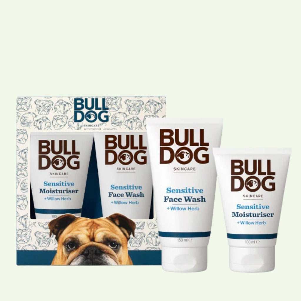 The Sensitive Skincare Duo features Bulldogs Sensitive Moisturiser and Face Wash with Willow Herb in two white tubes, all in a branded box with a bulldog illustration—making it the perfect thoughtful gift for men.
