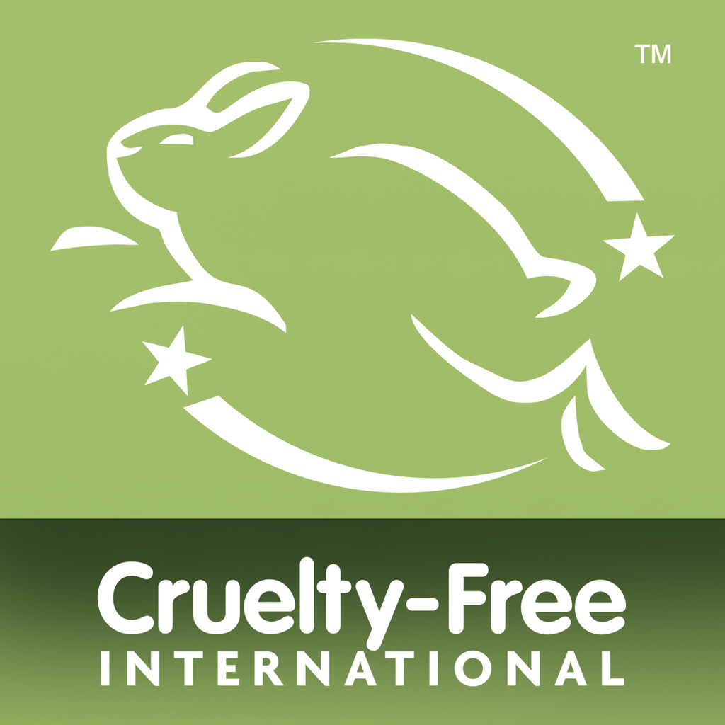 A white outline of a leaping rabbit with stars on green, plus Cruelty-Free INTERNATIONAL text—symbolizing the Cruelty-Free International logo. Perfect for brands such as Original Shaving Essentials.